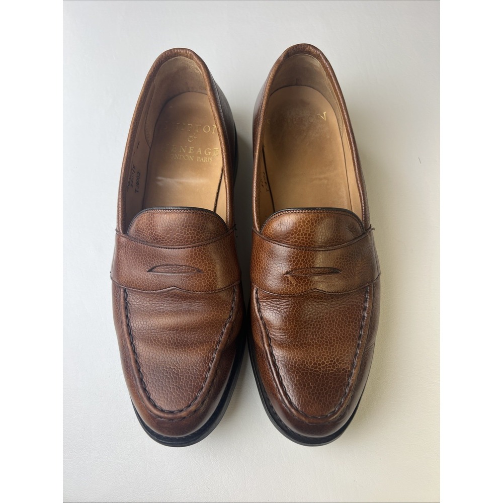 Shipton & Heneage London Raw Brown Pebble-Grain Penny Loafers Sz 9.5 5203/F